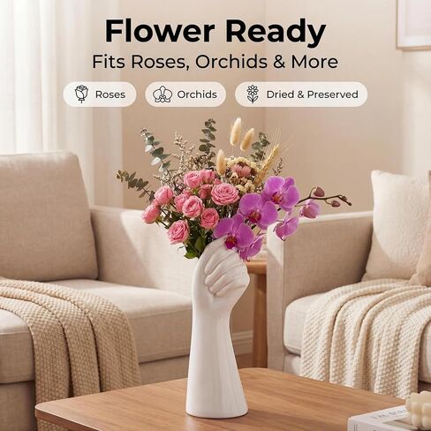 White Ceramic Flower Vase Decorative Accent for Living Room, Coffee Table, Shelf & Farmhouse Home Decor in Saudi Arabia