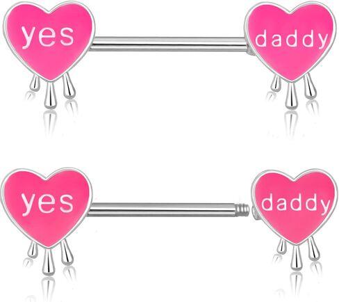 Pink Heart Letter Nipple Rings 14G Stainless Steel Nipple Barbell Cute Love Heart Letters Nipplerings Yes Daddy Naughty Words Body Piercing Jewelry for Women Gifts in Saudi Arabia