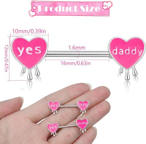 Pink Heart Letter Nipple Rings 14G Stainless Steel Nipple Barbell Cute Love Heart Letters Nipplerings Yes Daddy Naughty Words Body Piercing Jewelry for Women Gifts in Saudi Arabia