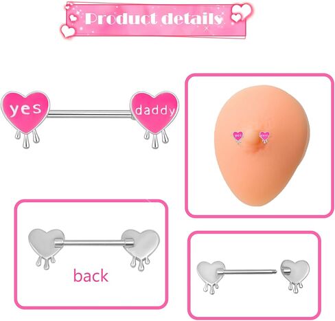 Pink Heart Letter Nipple Rings 14G Stainless Steel Nipple Barbell Cute Love Heart Letters Nipplerings Yes Daddy Naughty Words Body Piercing Jewelry for Women Gifts in Saudi Arabia