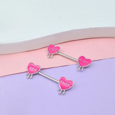 Pink Heart Letter Nipple Rings 14G Stainless Steel Nipple Barbell Cute Love Heart Letters Nipplerings Yes Daddy Naughty Words Body Piercing Jewelry for Women Gifts in Saudi Arabia
