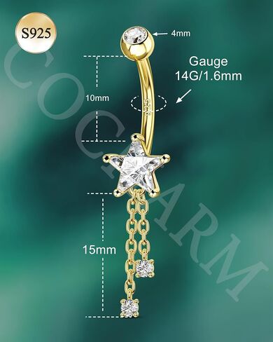 COCHARM 14K Gold Plated Belly Button Ring, 925 Sterling Silver Belly Navel Rings for Women, 14G Dangle Belly Piercing Jewelry in Kuwait