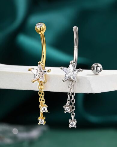 COCHARM 14K Gold Plated Belly Button Ring, 925 Sterling Silver Belly Navel Rings for Women, 14G Dangle Belly Piercing Jewelry in Kuwait