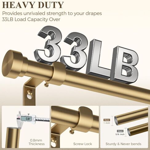 Hei!Dear Gold Curtain Rods 36 to 88 Inch, Brushed Warm Gold 1" Adjustable Heavy Duty Brass Curtain Rods for Windows,Decorative Window Treatment Rod with Solid Aluminum Finials for Living Room Bedroom in Saudi Arabia