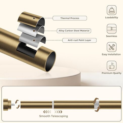 Hei!Dear Gold Curtain Rods 36 to 88 Inch, Brushed Warm Gold 1" Adjustable Heavy Duty Brass Curtain Rods for Windows,Decorative Window Treatment Rod with Solid Aluminum Finials for Living Room Bedroom in Saudi Arabia