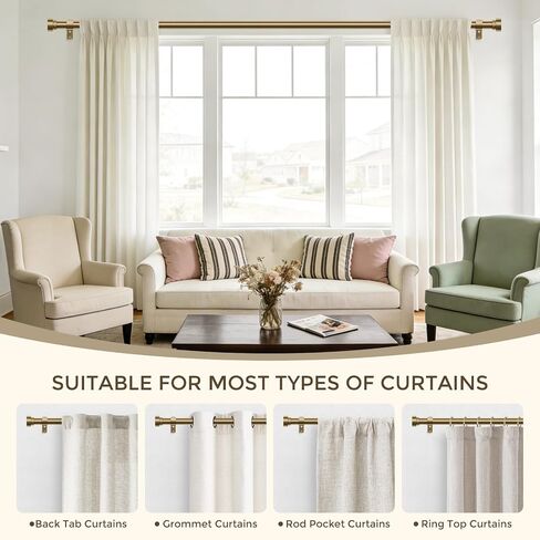 Hei!Dear Gold Curtain Rods 36 to 88 Inch, Brushed Warm Gold 1" Adjustable Heavy Duty Brass Curtain Rods for Windows,Decorative Window Treatment Rod with Solid Aluminum Finials for Living Room Bedroom in Saudi Arabia