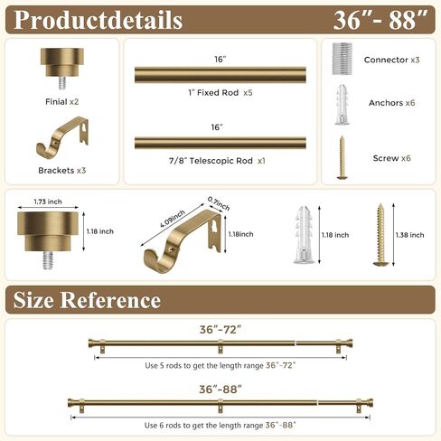 Hei!Dear Gold Curtain Rods 36 to 88 Inch, Brushed Warm Gold 1" Adjustable Heavy Duty Brass Curtain Rods for Windows,Decorative Window Treatment Rod with Solid Aluminum Finials for Living Room Bedroom in Saudi Arabia