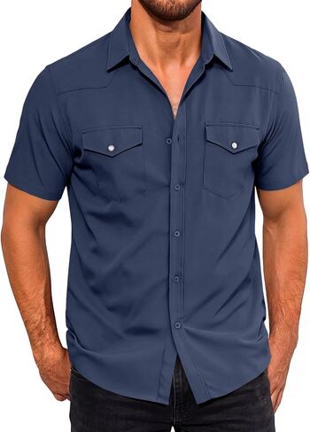 Runcati Mens Short Sleeve Work Shirt Linen Button Down Casual Shirt Western Cowboy Summer Tops in Kuwait
