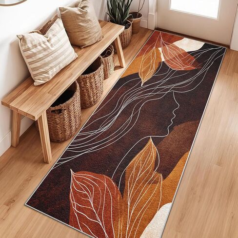 Mid Century Modern Runner Rug 3x8 ft, Abstract Woman Face Leaves Washable Hallway Runner Rug, Non-Slip Low Pile Minimalist Boho Carpet for Entryway, Bedroom, Laundry Room, Indoor Home Decor C1&-223 in Kuwait