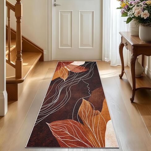 Mid Century Modern Runner Rug 3x8 ft, Abstract Woman Face Leaves Washable Hallway Runner Rug, Non-Slip Low Pile Minimalist Boho Carpet for Entryway, Bedroom, Laundry Room, Indoor Home Decor C1&-223 in Kuwait