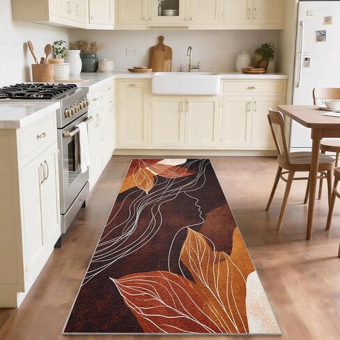 Mid Century Modern Runner Rug 3x8 ft, Abstract Woman Face Leaves Washable Hallway Runner Rug, Non-Slip Low Pile Minimalist Boho Carpet for Entryway, Bedroom, Laundry Room, Indoor Home Decor C1&-223 in Kuwait