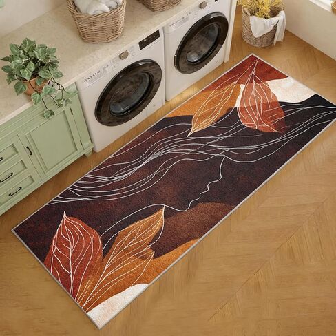 Mid Century Modern Runner Rug 3x8 ft, Abstract Woman Face Leaves Washable Hallway Runner Rug, Non-Slip Low Pile Minimalist Boho Carpet for Entryway, Bedroom, Laundry Room, Indoor Home Decor C1&-223 in Kuwait