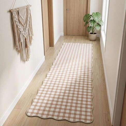 2 x 6 ft Scalloped Gingham Runner Rug - Hallway Washable Runner Rug Non Slip Khaki Gingham Long Laundry Runners with Rubber Backing Low-Pile Stain-Resistant Indoor Carpet, Soft for Entryway Bathroom in Saudi Arabia