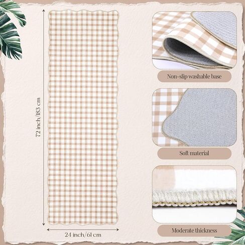 2 x 6 ft Scalloped Gingham Runner Rug - Hallway Washable Runner Rug Non Slip Khaki Gingham Long Laundry Runners with Rubber Backing Low-Pile Stain-Resistant Indoor Carpet, Soft for Entryway Bathroom in Saudi Arabia
