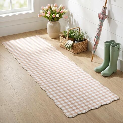 2 x 6 ft Scalloped Gingham Runner Rug - Hallway Washable Runner Rug Non Slip Khaki Gingham Long Laundry Runners with Rubber Backing Low-Pile Stain-Resistant Indoor Carpet, Soft for Entryway Bathroom in Saudi Arabia
