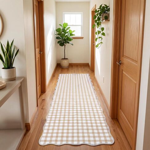 2 x 6 ft Scalloped Gingham Runner Rug - Hallway Washable Runner Rug Non Slip Khaki Gingham Long Laundry Runners with Rubber Backing Low-Pile Stain-Resistant Indoor Carpet, Soft for Entryway Bathroom in Saudi Arabia