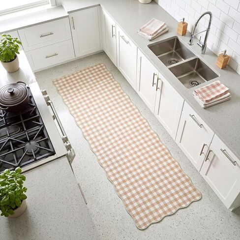2 x 6 ft Scalloped Gingham Runner Rug - Hallway Washable Runner Rug Non Slip Khaki Gingham Long Laundry Runners with Rubber Backing Low-Pile Stain-Resistant Indoor Carpet, Soft for Entryway Bathroom in Saudi Arabia