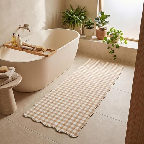 2 x 6 ft Scalloped Gingham Runner Rug - Hallway Washable Runner Rug Non Slip Khaki Gingham Long Laundry Runners with Rubber Backing Low-Pile Stain-Resistant Indoor Carpet, Soft for Entryway Bathroom in Saudi Arabia