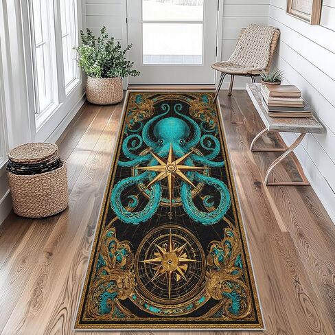 Octopus Runner Rug 3x8 Washable, Vintage Nautical Hallway Runner Rug Non-Slip, Compass Pattern Soft Low Pile Decor Carpet for Entryway, Kitchen, Bedroom, Laundry Room iJ&W48 in Kuwait
