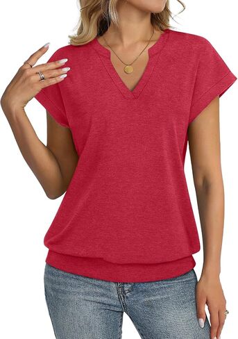 TICTICMISS Womens Cap Sleeve Tops Banded Bottom Short Sleeve Summer Shirts V Neck Casual Ladies Tees Loose Fit Clothing in Saudi Arabia