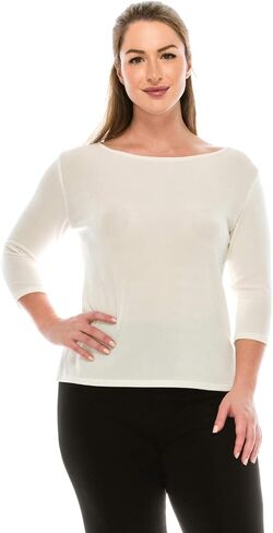 Jostar Women's Basic T Shirts - 3/4 Sleeve Scoop Neck Soft Wrinkle Free Solid Top with Side Slit in Kuwait