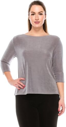 Jostar Women's Basic T Shirts - 3/4 Sleeve Scoop Neck Soft Wrinkle Free Solid Top with Side Slit in Kuwait