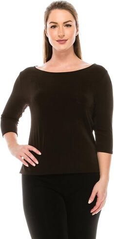 Jostar Women's Basic T Shirts - 3/4 Sleeve Scoop Neck Soft Wrinkle Free Solid Top with Side Slit in Kuwait