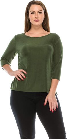 Jostar Women's Basic T Shirts - 3/4 Sleeve Scoop Neck Soft Wrinkle Free Solid Top with Side Slit in Kuwait