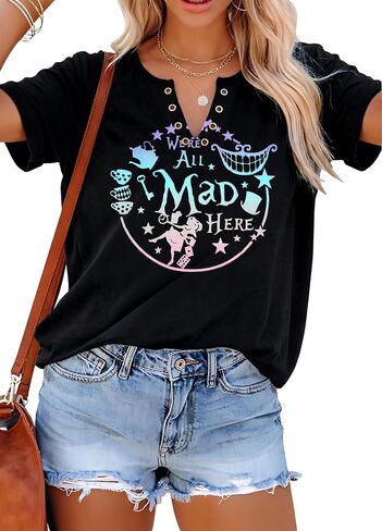 ASTANFY We're All Mad Here Shirt Women Magical Graphic Tees Cute Vacation Tops Casual Short Sleeve Shirts in Saudi Arabia