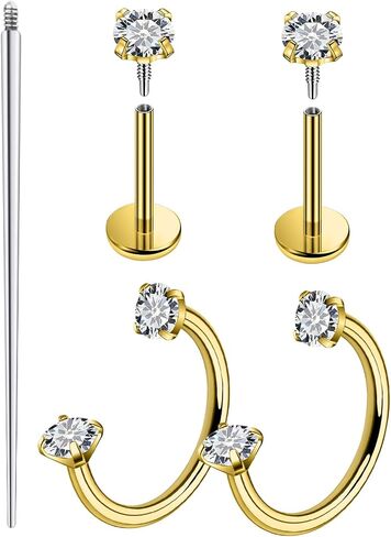 Lcolyoli 18G Nose Rings Surgical Steel Horseshoe Nose Ring Internally Threaded CZ Stud for Tragus Helix Cartilage Conch Piercing Jewelry for Women in Kuwait