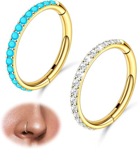 18g 20g Nose Rings Hoops for Women 316L Surgical Steel Turquoise CZ Nose Piercings Clicker Cartilage Hoop Earrings Helix Piercing Jewelry 6/7/8mm - Gold Plated/Silver in Saudi Arabia