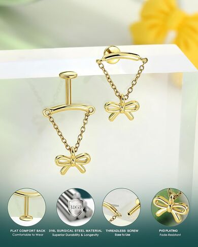 COCHARM Vertical Bowknot Helix Piercing Jewelry, 16G Threadless Vertical Helix Earring, 6mm Gold Tone Bowknot Top Helix Jewelry for Women in Kuwait