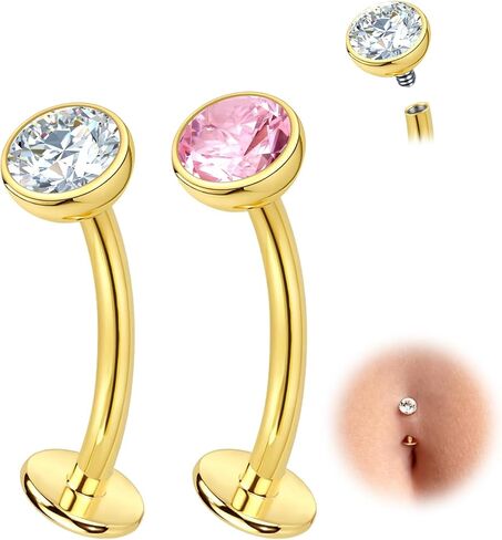 Titanium Belly Button Ring Women: Gold/Silver G23 Titanium 14G Floating Internally Threaded Flat Back CZ Belly Rings Piercing Jewelry for Womens Gifts - Navel Barbell Body Piercings Set in Saudi Arabia