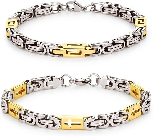 2Pcs Stainless Steel Byzantine Bracelets for Men Women, 8Inch Silver Gold Two-Tone Link Bracelet Set, Hypoallergenic 316L Steel Unisex Chain Bracelet, Durable Waterproof Jewelry Gift in Kuwait