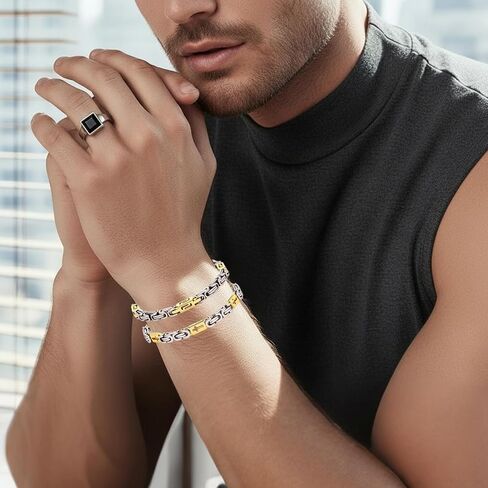 2Pcs Stainless Steel Byzantine Bracelets for Men Women, 8Inch Silver Gold Two-Tone Link Bracelet Set, Hypoallergenic 316L Steel Unisex Chain Bracelet, Durable Waterproof Jewelry Gift in Kuwait