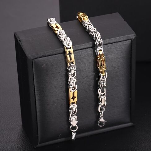 2Pcs Stainless Steel Byzantine Bracelets for Men Women, 8Inch Silver Gold Two-Tone Link Bracelet Set, Hypoallergenic 316L Steel Unisex Chain Bracelet, Durable Waterproof Jewelry Gift in Kuwait