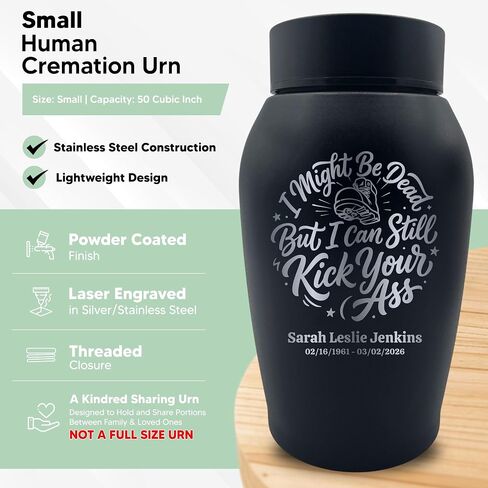 Custom Funny Dark Humor Stainless Steel Cremation Urn for Ashes, Small Kindred Family Sharing Urn for Remains, I Might Be Dead But I Can Still Design, Boot, Black in Saudi Arabia