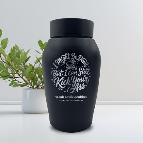 Custom Funny Dark Humor Stainless Steel Cremation Urn for Ashes, Small Kindred Family Sharing Urn for Remains, I Might Be Dead But I Can Still Design, Boot, Black in Saudi Arabia