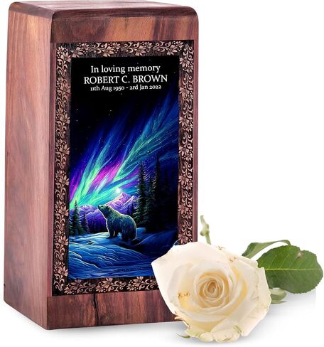 Bear Wood Urn for Human Ashes Adult Male - Wooden Box for Ashes - Blue Cremation Urns for Brother - Personalized Human Urn - Urns for Ash Customizable - 11 Inch in Saudi Arabia