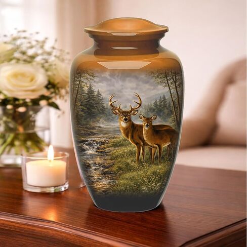 Hunting Deer Cremation Urn - Full Size Deer in Forest Scene Cremation Urn – Adult Nature-Themed Urns for Men and Women – Forest Green Urns for Human Ashes with Velvet Bag (Large) in Kuwait