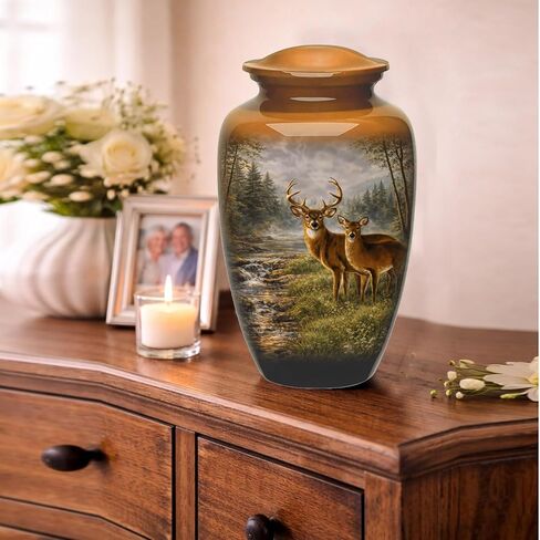 Hunting Deer Cremation Urn - Full Size Deer in Forest Scene Cremation Urn – Adult Nature-Themed Urns for Men and Women – Forest Green Urns for Human Ashes with Velvet Bag (Large) in Kuwait
