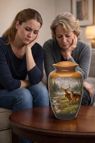 Hunting Deer Cremation Urn - Full Size Deer in Forest Scene Cremation Urn – Adult Nature-Themed Urns for Men and Women – Forest Green Urns for Human Ashes with Velvet Bag (Large) in Kuwait
