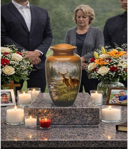 Hunting Deer Cremation Urn - Full Size Deer in Forest Scene Cremation Urn – Adult Nature-Themed Urns for Men and Women – Forest Green Urns for Human Ashes with Velvet Bag (Large) in Kuwait
