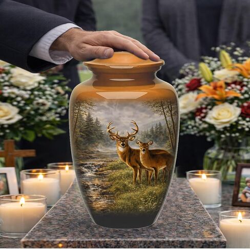 Hunting Deer Cremation Urn - Full Size Deer in Forest Scene Cremation Urn – Adult Nature-Themed Urns for Men and Women – Forest Green Urns for Human Ashes with Velvet Bag (Large) in Kuwait