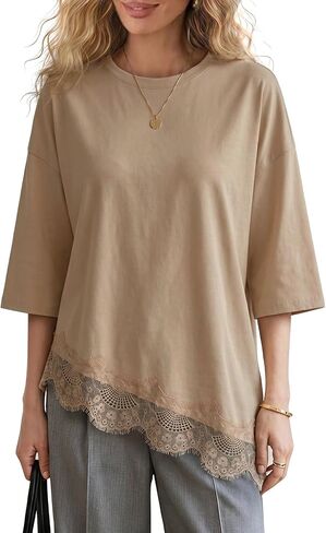 EXLURA Womens Summer Oversized Lace Trim T Shirts 2026 Casual Half Sleeve Asymmetrical Hem Tops Loose Crewneck Tunic Blouse in Kuwait