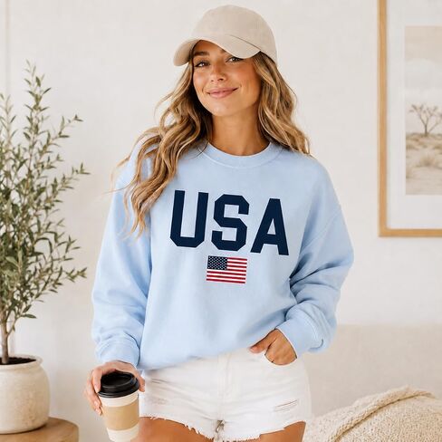 USA Sweatshirt Women Patriotic Crewneck, American Flag Pullover, Cute 4th of July Outfit, Memorial Day Summer Sweatshirt in Saudi Arabia