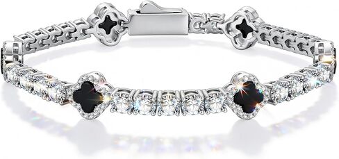 BUMBLEBEE Handmade Natural Black Onyx Four-Leaf Clover Tennis Bracelet, Italian 5A Cubic Zirconia White Gold Plated Hypoallergenic 6-8in Jewelry Gift for Birthday, Graduation, Anniversary in Saudi Arabia