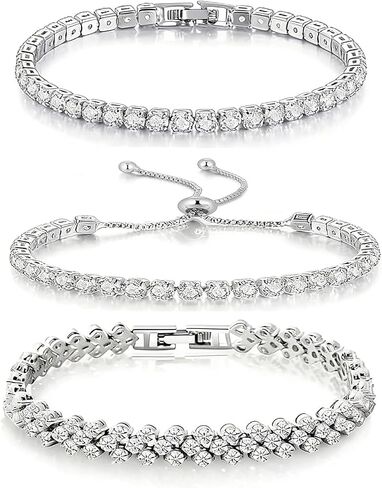 3 Pcs Silver Tennis Bracelet Set for Women, Adjustable Silver CZ Rhinestone Bracelets, Marquise Cubic Zirconia Bracelet Stack, Wedding & Prom Jewelry Gift in Saudi Arabia