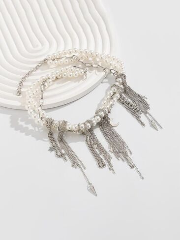 Delicate Multi-layered Pearl Tassel Necklace Star Pearl Wrap Stacking Chain Trendy Bohemia Chains Statement Necklace Unique Generosity Pendant Fasion Chain Collar Classic Adjustable Easy to Wear Jewelry Accessories for Women Wedding Party in Saudi Arabia