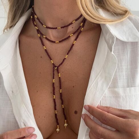 Western Beaded Wrap Necklace for Women Seed Bead Long Chain Vintage Layered Lariat Necklace Cowgirl Tie choker Boho Wrapped Choker in Saudi Arabia